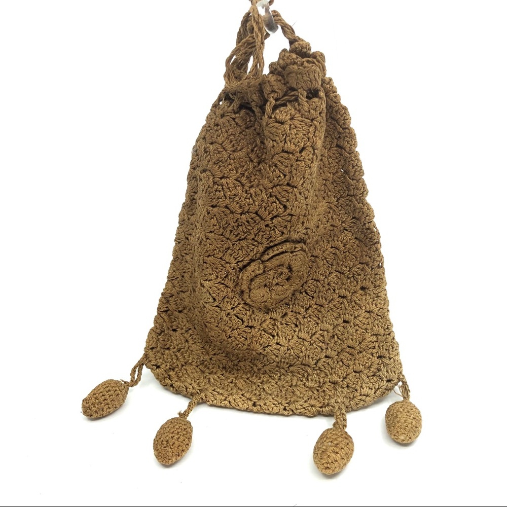 Victorian Brown Crochet Drawstring Reticule Bag